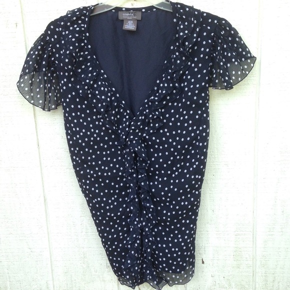 George Tops - Beautiful navy polkadot ruffle front blouse